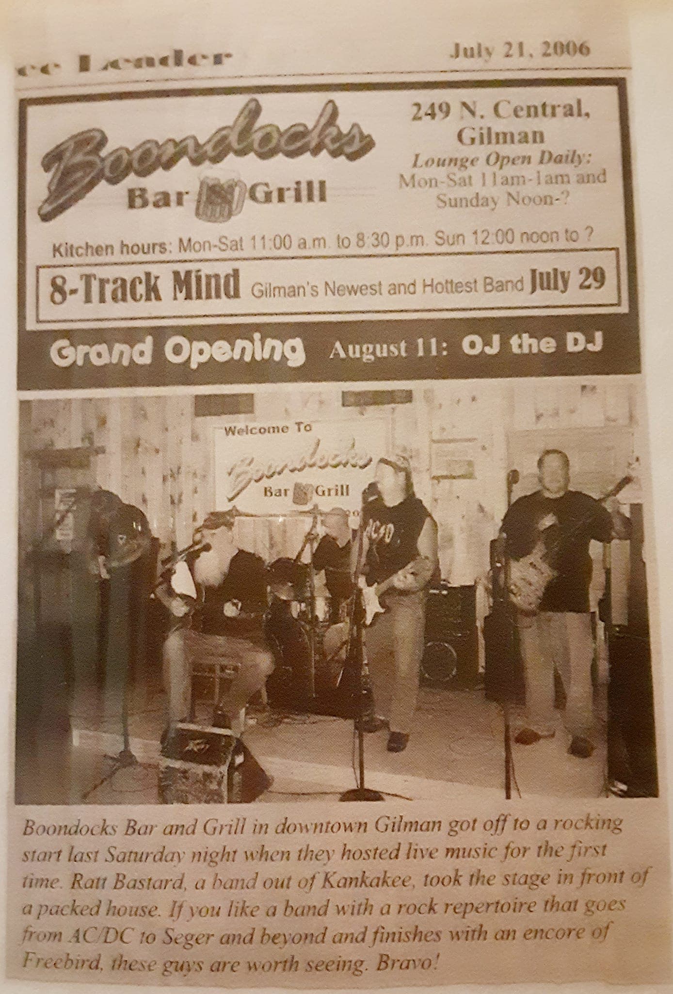 Ratt Bastard band — Boondocks Bar & Grill, Gilman, IL, July 2006 newspaper clipping